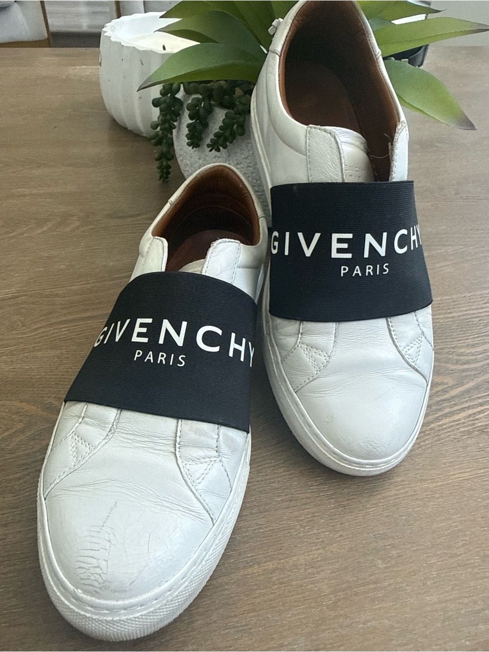 Givenchy White Leather Slip-On Sneakers with Black Logo Strap